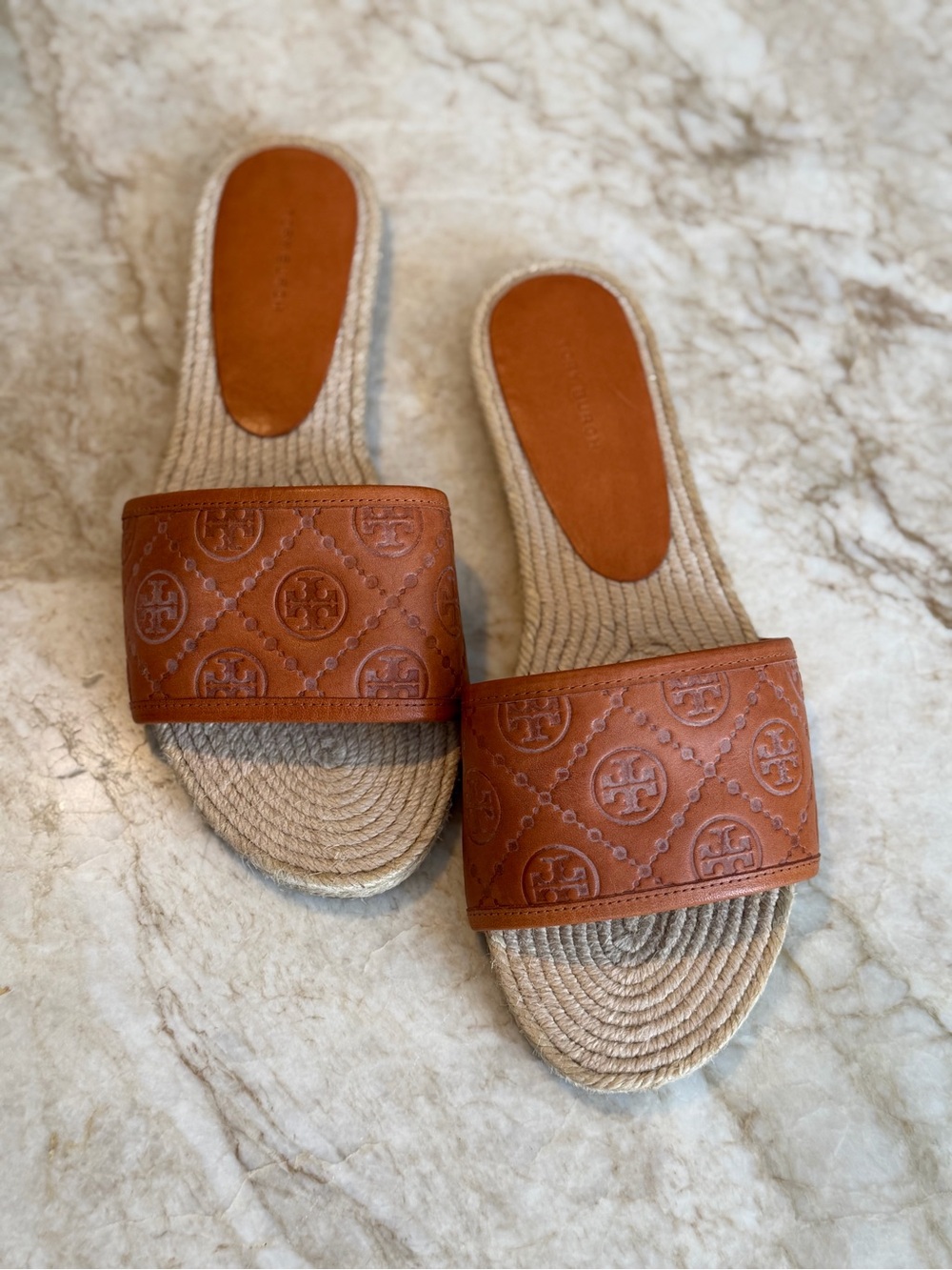 Tory Burch Tan Leather Embossed Slide Sandals